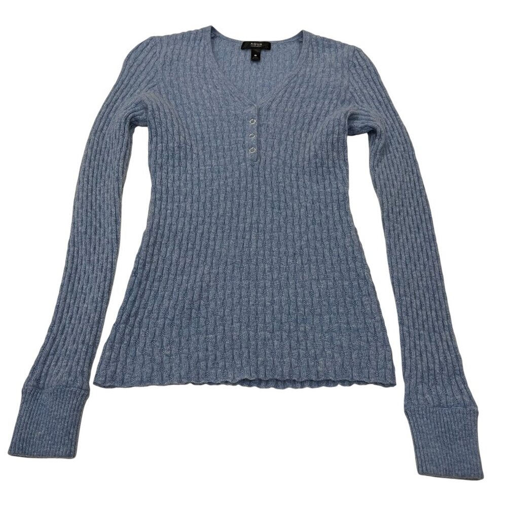 Aqua Cashmere Long Sleeve Henley V-Neck Sweater, Blue, M